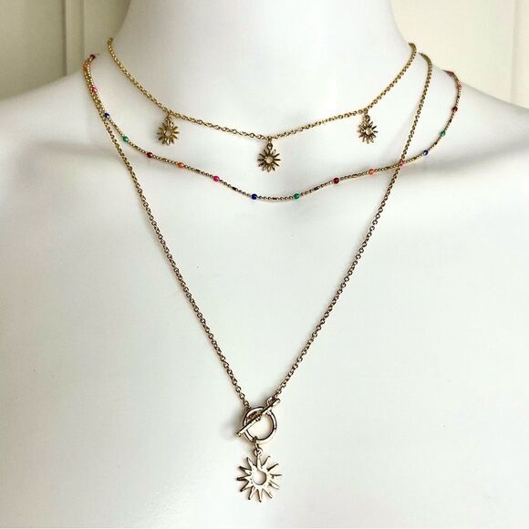 Gold Sun Pendant Layered Necklace - Picture 1 of 3